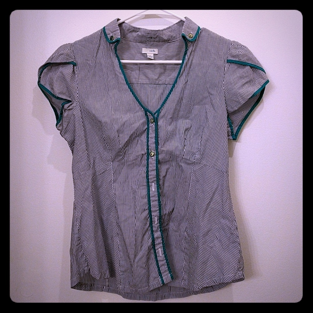 Cap sleeve striped button up with teal details